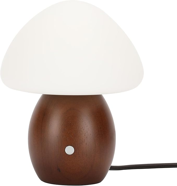 Mushroom Lamp with Touch Control Switch, Small Wooden Table Lamp with Glass Shade, 3 Way Dimmable Nightstand Lamp for Bedroom, G9 LED Bulb Included (Walnut Color&Opal White Glass Shade)