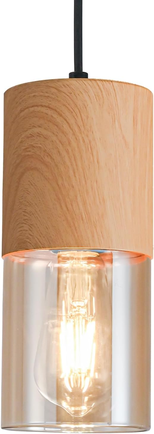 Gold Pendant Lights for Kitchen Island, Adjustable Modern Pendant Light Fixtures with Raw Wood Grain, Industrial Amber Glass Pendant Lights for Dining Table Hallway Bedroom Living Room,1 Pack