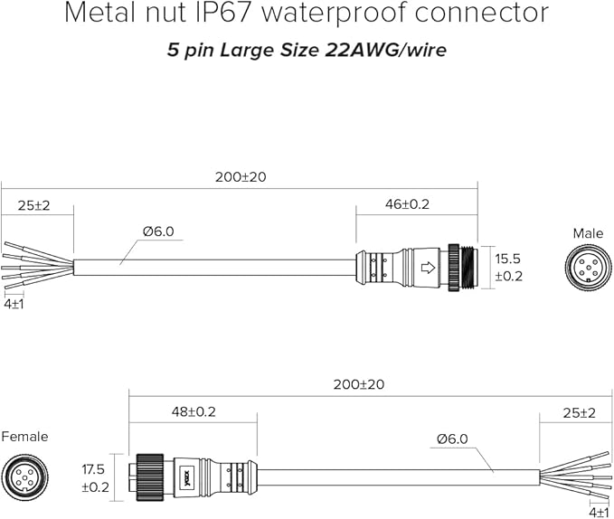 BTF-LIGHTING 5 Pin Electrical Metal nut Connector 22AWG IP67 Male Female Connector 7.87in/20cm Extension Cable for Car,Truck,Boat,Indoor/Outdoor LED Strip Lights/String 22mm Metal Nut Big Size