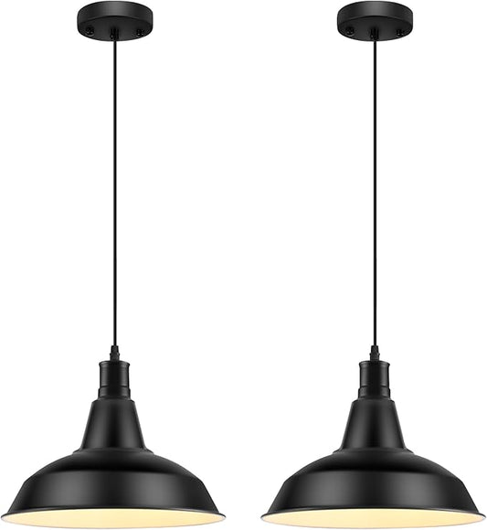 Pendant Light Fixtures, 2Pcs Farmhouse Kitchen Island Lights Fixture, Industrial Hanging Pendant Lighting for Dining Room Bedroom, Black Metal Pendant Lamp, E26 Base, 12.2in