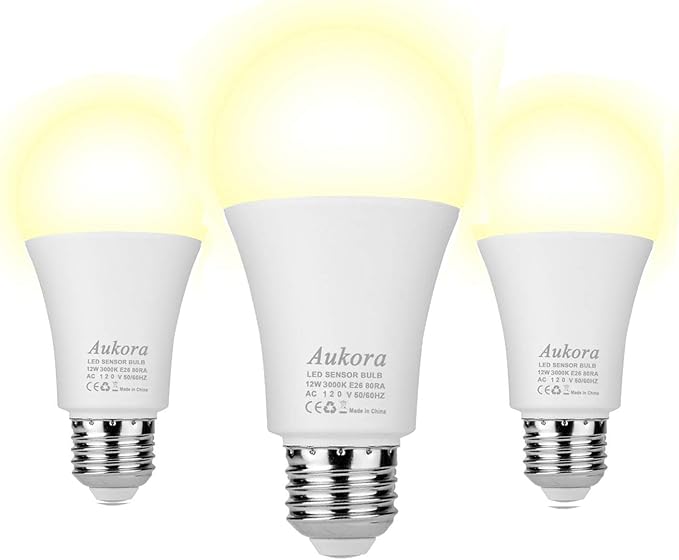 Dusk to Dawn Light Bulb, Aukora Smart Sensor LED Light Bulb, 12W (100-Watt Equivalent), 3000Kelvin, E26 Base Automatic On/Off Led Bulb Outdoor/Indoor for Porch Garage Patio Garden(Warm White, 3 Pack)