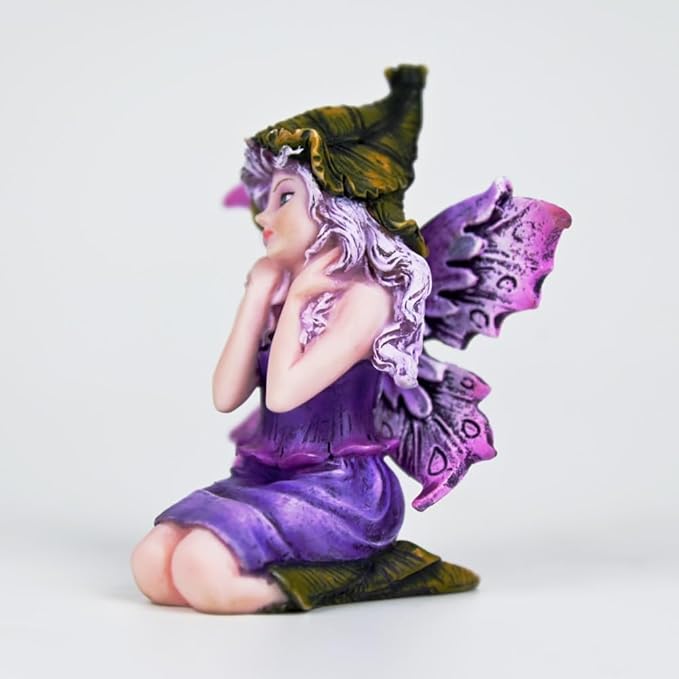 Fantasy Leaf-Hat Daydream Fairy Figurine, 8cm Purple Gradient Wings Elf Statue, Hand-Painted Resin Decor for Desk, Mini Fairy Garden & Shelf