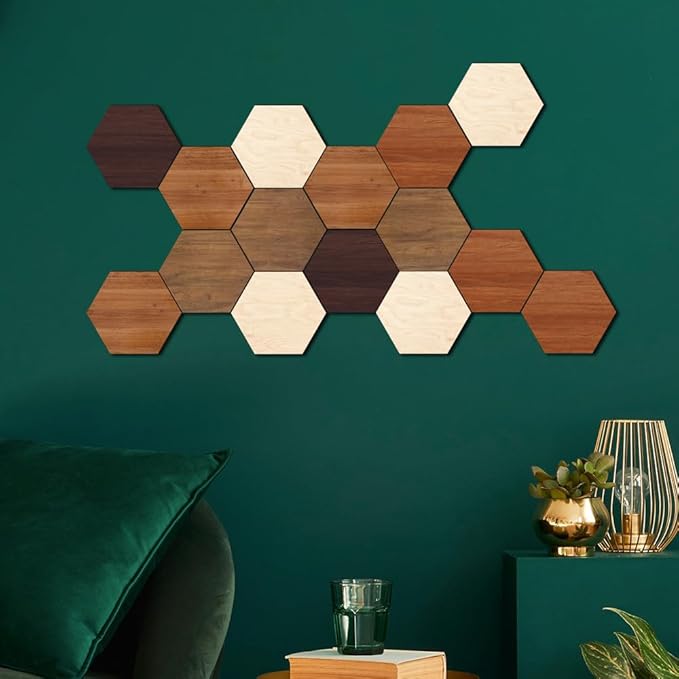Wooden Hexagon Wall Decor, 15 Pcs Creative Removable Hexagonal Wall Stickers, DIY Modern Geometric Wood Wall Art Decor, 3D Wooden Hexagon Wall Tiles for Living Room, TV Background, Office, 5.9" x 5.1”
