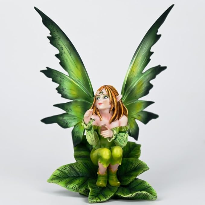 Fantasy Leaf Base Fairy Figurine, 5.9 Inch Green Elf Statue, Hand-Painted Resin Indoor Outdoor Decor for Garden, Desk, Plant Pot (Green Gradient)