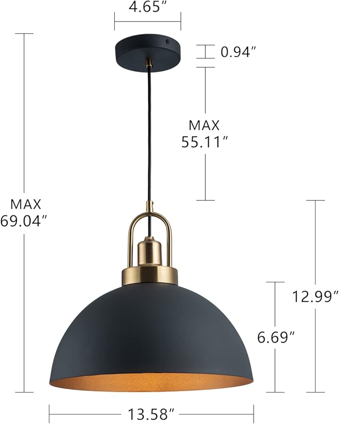 Vintage Pendant Light 13.58 "Industrial Pendant Light Dome Black and Gold line Length 78.74" for Kitchen Island, Dining Room, Bedroom,Farmhouse Pendant Lighting
