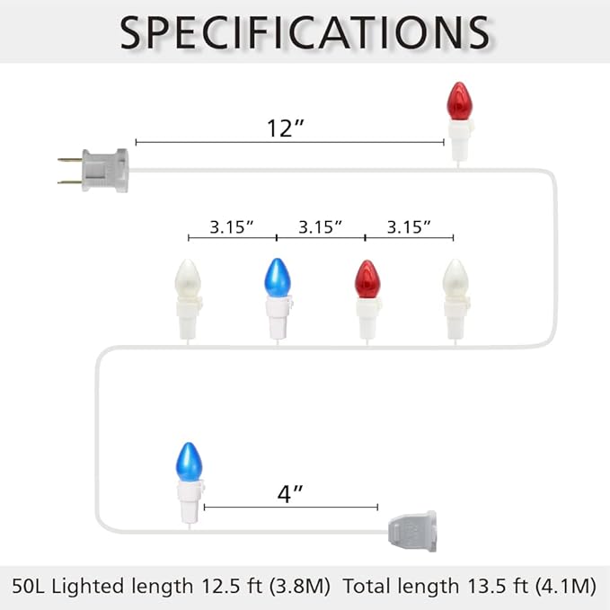 4th of July Decoration Patriotic LED C3 Glass Mini Lights 50 Count Red White Blue Plug in String Lights 120V ETL Cerfified Plug in for Indoor Outdoor Christmas Party Patio Independence Day Decoration