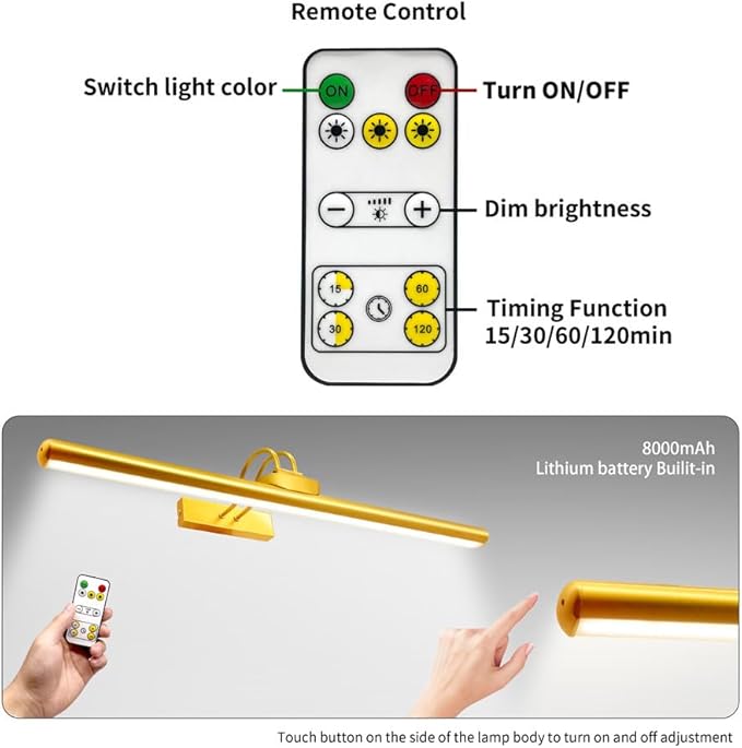 26" Wireless Picture Lights, Rechargeable Battery Art Display Light with Remote Control, Dimmable/Timer Off Dartboard Light, 3 Lighting Modes Full Metal Painting Display Lights (Gold-1 Pack)