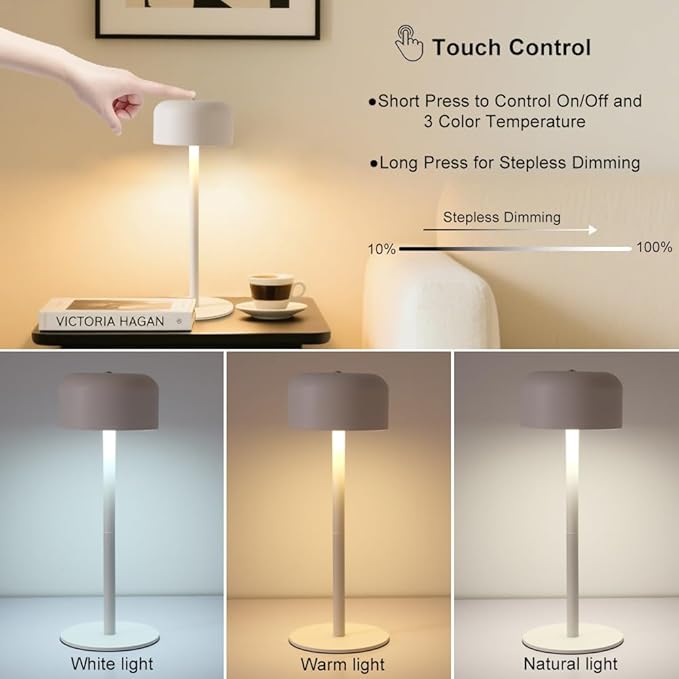 Modern Cordless Table Lamp, Portable LED Desk Lamps, 6000mAh Rechargeable Battery Operated Lighting for Bedroom Dining Room Restaurant Coffee Shop Camping Night Light (White)
