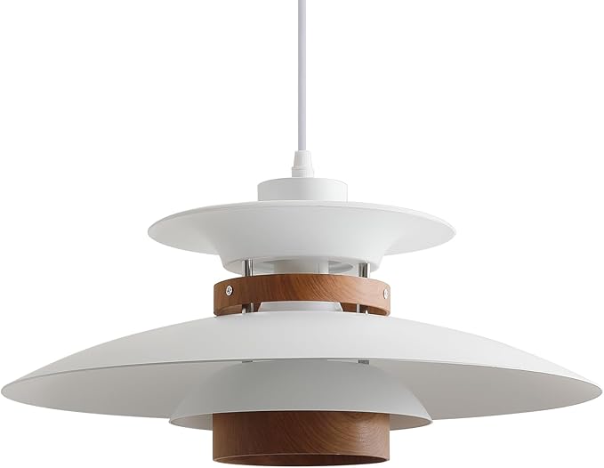 Modern Decor Adjustable Pendant Lamp Kitchen Island, Aluminum and Wood Finish,1-Light E26 Base Ceiling Hanging Light for Dining Room Shop Restaurant (White+Dark Wood Grain, 40cm)