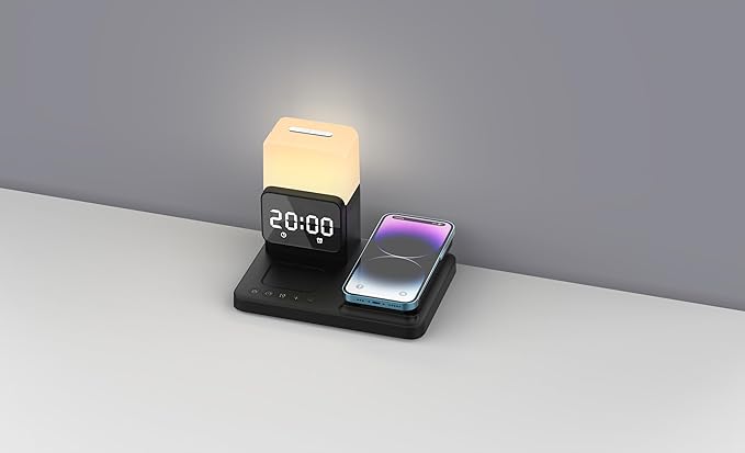 M.A.D LAB Bedside Apple Charging Station & Alarm Clock with Night Lamp – Wireless Charger Designed for AirPods, AirPods Pro 2 & Apple Watch and Qi-Compatible for iPhone and Android Phone Charger
