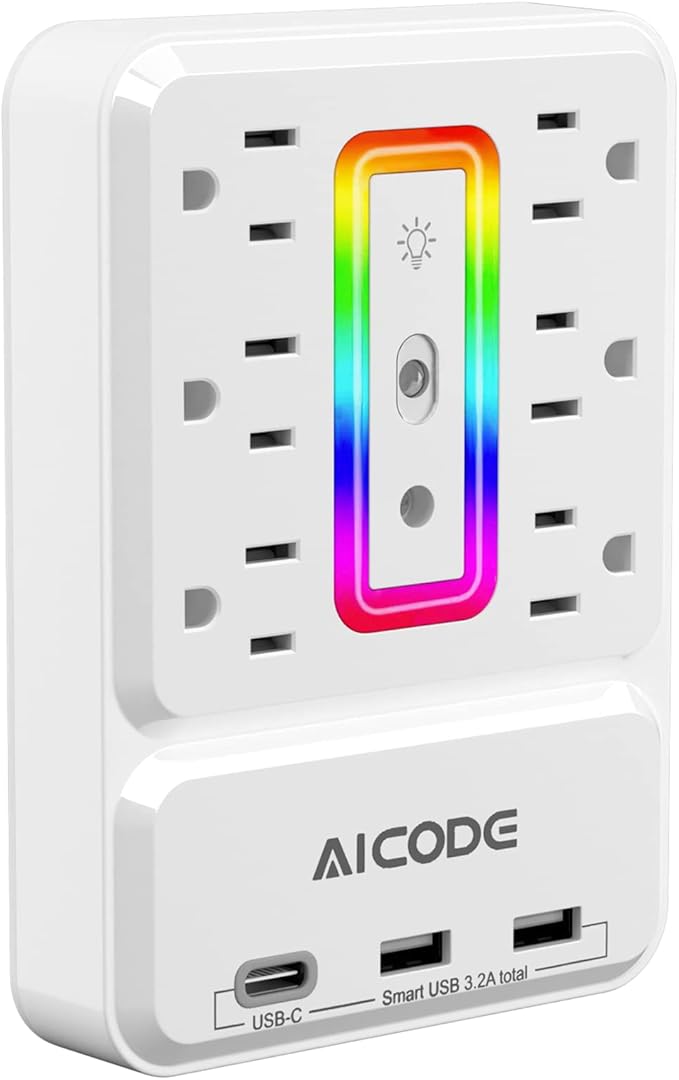 Outlet Extender with USB C, AICODE Multi Outlet Surge Protector with Nightlight, 6 Outlet Wall Plug with USB (3 USB A and 1 USB C),Wall Mount Multiple Plug Outlet Power Strip for Home,Dorm, Office