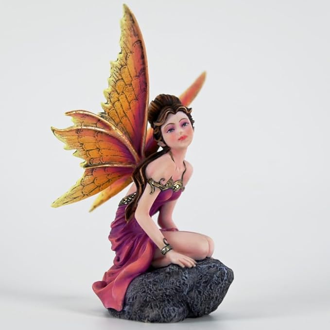 Fantasy Orange-Gold Gradient Wings Fairy Figurine, 6.1 Inch Rock Base Elf Statue, Hand-Painted Resin Decor for Indoor Garden Desk