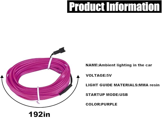 EL Wire Interior Car LED Strip Lights, USB Car Neon Light Strip with Sewing Edge, 16FT Neon Light 5V with Fuse Protection, Electroluminescent Car Indoor Decorations (Purple)