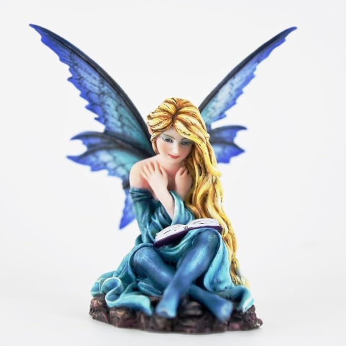 Fantasy Reading Fairy Figurine - Blue Gradient Wings Elf Statue with Book, Cozy Resin Decor for Desk, Study & Fairy Garden (15.5cm)