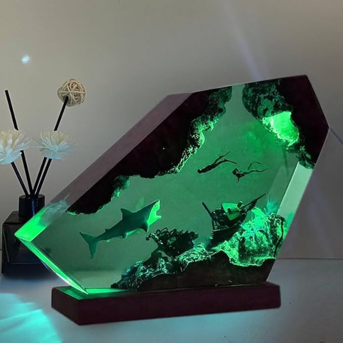Shark Ocean Resin Lamp, Handmade Wooden Table Resin Night Light, USB Port Art Ornaments for Home Office Decor, Scuba Diver Gifts for Birthday Holiday, Valentine's Day Gifts for Husband