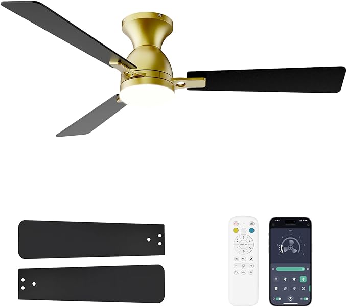 Ceiling Fans with Lights and Remote, 52 Inch Ceiling Fan with Light, Low Profile Reversible Ceiling Fans, Dimmable LED, Flush Mount, Quiet, DC Motor, Gold Ceiling Fan for Bedroom, Kitchen