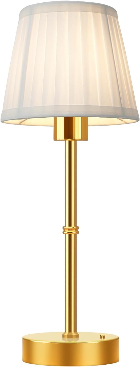 FRIDEKO HOME Rechargeable Table Lamp Gold - Cordless Battery Operated Lamp, Fabric Shade Desk Lamp, Wireless Lamp for Decor Bedroom Dining Table Counter (1pcs-Soft Fabric-Bulb Included-15.7in)