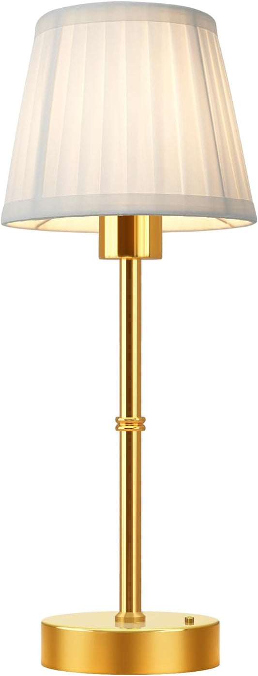 FRIDEKO HOME Rechargeable Table Lamp Gold - Cordless Battery Operated Lamp, Fabric Shade Desk Lamp, Wireless Lamp for Decor Bedroom Dining Table Counter (1pcs-Soft Fabric-Bulb Included-15.7in)