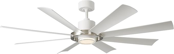 Modern Forms Aura Indoor and Outdoor 8-Blade 60in Smart Ceiling Fan in Matte White Brushed Nickel Ring with 2700K-3000K-4000K-5000K Selectable LED Light Kit and Remote Control works App
