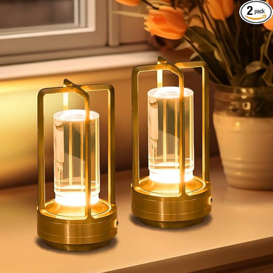 Rechargeable Table Lamp Cordless, 3 Color | Crystal | Stepless Dimming, for Bedroom, Cafe, Camping, Bar, Dining Table, Restaurant, Gold (2 Pack)