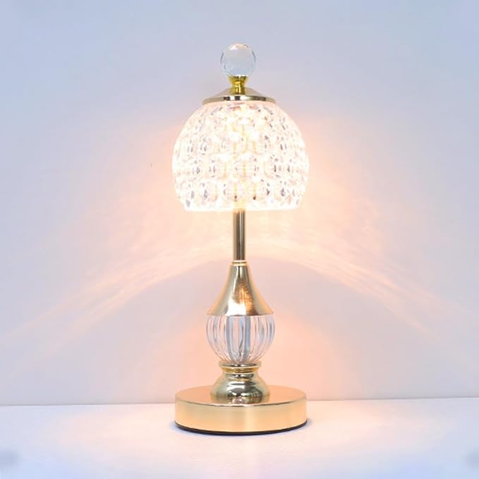 Portable Crystal Metal Desk Lamp,3-Color Touch Control, Rechargeable Battery - Ideal Bedside Lamp for Bedroom Nightstand (Gold)