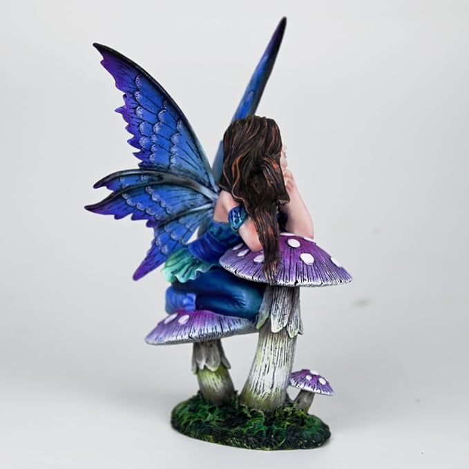 Fantasy Mushroom Fairy Figurine, 6.1 Inch Blue-Purple Gradient Elf Statue, Hand-Painted Resin Decor with 3D Mushroom Base for Fairy Garden, Desk, Living Room Display