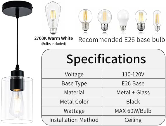 MAYNA 2 Pack Black Pendant Lights Kitchen Island, Mini Pendant Light Fixture with Clear Glass Shade, Adjustable Cord Industrial Farmhouse Hanging Ceiling Lamp for Dining Room, Sink, Bar(Bulb Included)