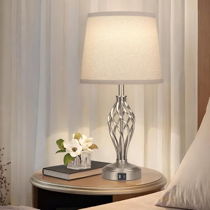 Touch Table Lamps Set of 2, nightstand lamp with USB Ports Bedside 3 Way Touch dimmer Desk lamp for Living Room Bedroom,Nickel Plated Spiral cage Base Design Warm White dimmer Bulbs Included