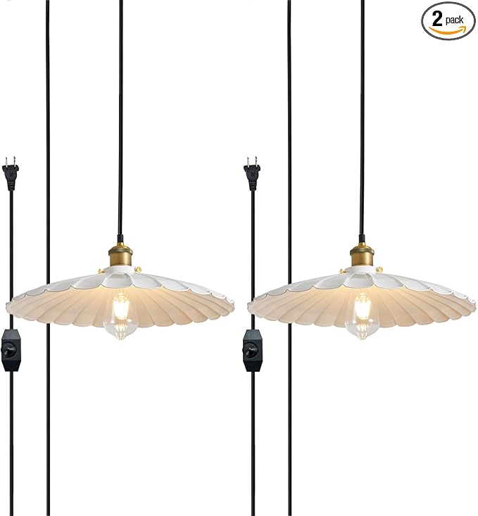 Plug in Pendant Light 13.8 Inch White Round Metal Shade Vintage Hanging Lamp Plug in 14Ft Adjustable Dome Industrial Hanging Plug in Light for Living Room 2Pack