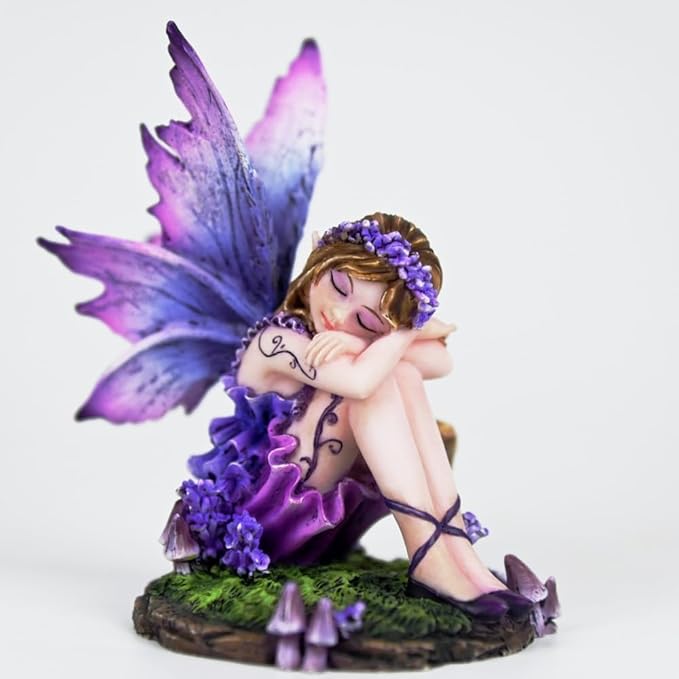 Fantasy Purple Sleeping Fairy Figurine, 3.15 Inch Blue-Purple Gradient Elf Statue, Hand-Painted Resin Decor with Flower Crown & Mini Mushroom Base for Desk, Fairy Garden, Bedroom