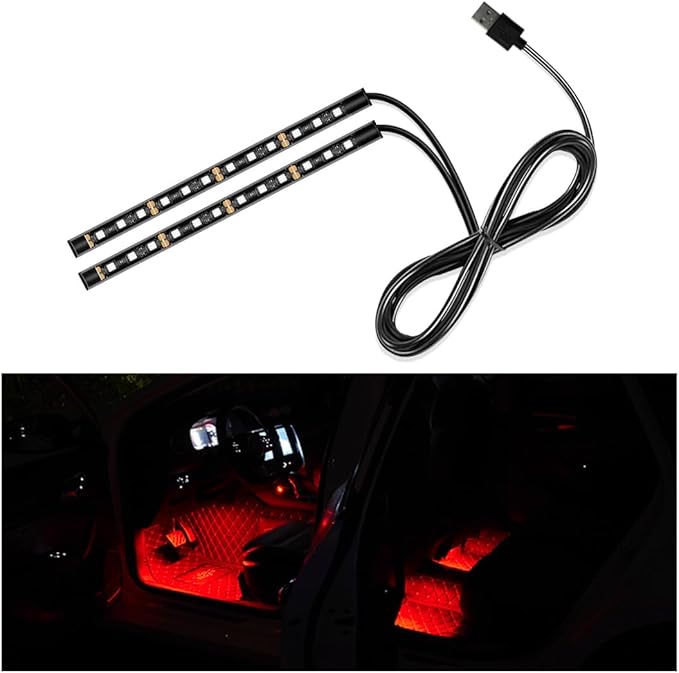 Car LED Strip Light, 24 LED Auto Interior Under Dash Atmosphere Lights with USB Port, Vehicle Decor Lamp Ambient Night Light Strip Lighting Kit, Universal Car Accessories (Red)