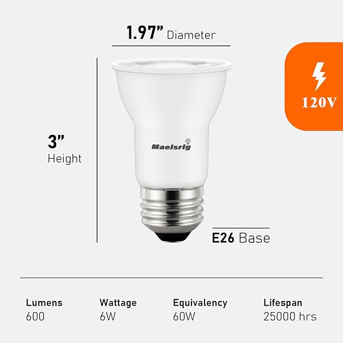 PAR16 LED Long Neck Recessed Spotlight Bulb, 6W(60W-75W Equivalent) Dimmable, 600 Lumens, 40° Beam Angle, Track Light Bulbs Warm White 3000K, E26 Medium Base, Pack of 4