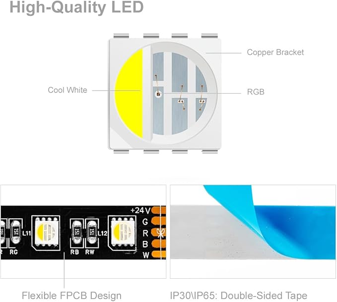 BTF-LIGHTING 5050 RGBW RGB+Cool White(6000K-7000K) 4 Colors in 1 LED Tape Light DC24V 5m 16.4ft 60LED/m Multi-Colored IP30 Black 12mm PCB for Bedroom Kitchen Home Decoration(No Adapter or Controller)