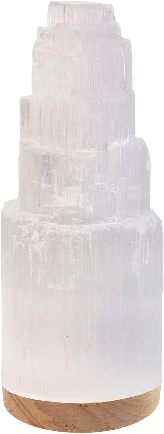Himalayan Glow Selenite Crystal Lamp 20cm, Moroccan (ETL Certified) Tower Lamp with Wooden Base & USB Charging Cable, Anxiety Relief Healing Crystals for Home Decor