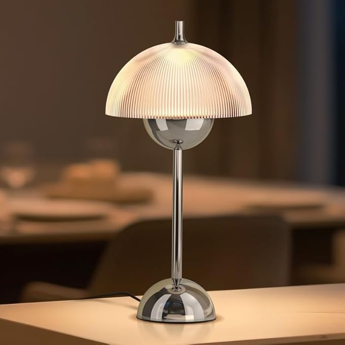 Tubicen Flowerpot Chrome Bedside Table Lamp Plug In Decor Transparent Striped Mushroom Table Lamp Memory Function Modern LED 4-Stage Touch Dimmable Desk Table Lamps for NightStands Bedroom Home Office