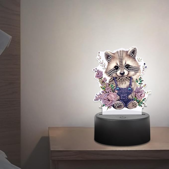 Raccoon Diamond Art Painting Night Light,Diamond Art Painting Kits Desktop Touch Lamp Ornaments for Tabletop Decor Diamond Art Accessories for Adult Beginner Bedrooms Living Room