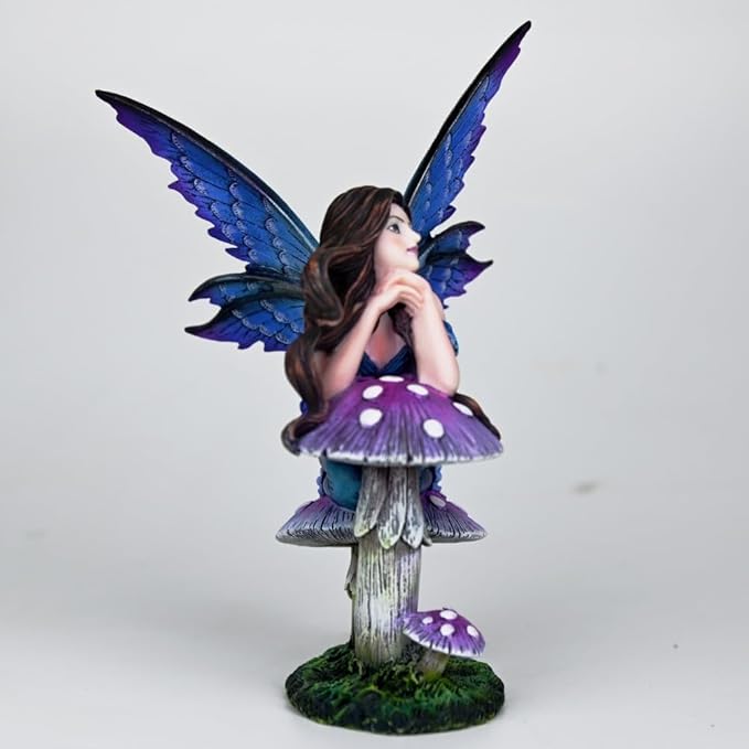 Fantasy Mushroom Fairy Figurine, 6.1 Inch Blue-Purple Gradient Elf Statue, Hand-Painted Resin Decor with 3D Mushroom Base for Fairy Garden, Desk, Living Room Display