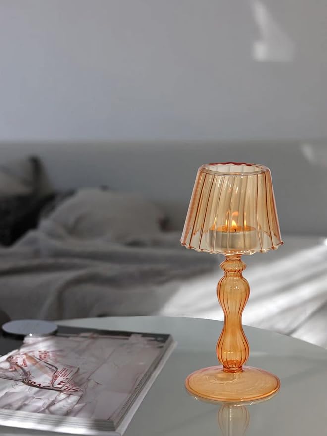 Desk Lamp Shaped Glass Candle Holder - Glass Hurricane Candleholder Crystal Decorative Candle Stand for Table Wedding Dinning Centerpieces Party Supplies Decor Amber