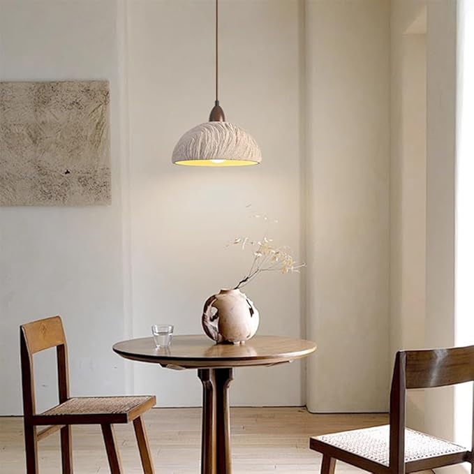 Wabi Sabi Pendant Light, 11" Concrete Pendant Light with Grey Irregular Textured Lampshade & Wooden Ceiling Plate, Retro Cement Hanging Lamp Ideal for Bedroom Living Room Kitchen (No Bulb)