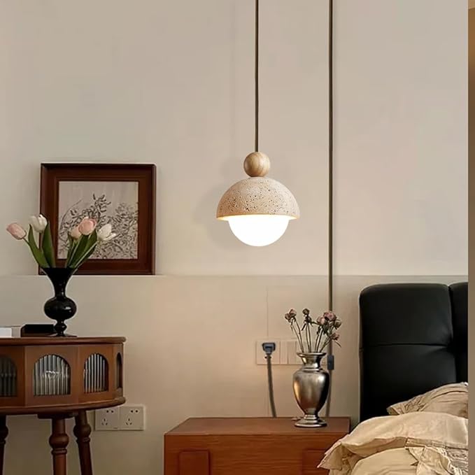 Plug In Wabi Sabi Pendant Light Japanese Retro Vintage Style Spherical Natural Stone Yellow Travertine Hanging Lamp Plug In For Girl's Room Kitchen Island Dining Room Bedroom G9 Light Mini Cement