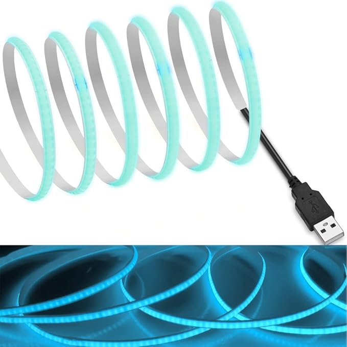 MDee】USB COB Tape Light LED Strip 3.28ft/1m- Flexible 5mm Hidden DC 5V LED Tape with 320 LEDs/m for LightBlue Lighting. Cuttable, Shapeable, USB Powered. Ideal for Kitchen, Office Decor