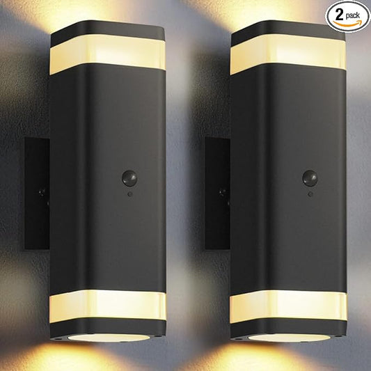 SHIMR Motion Sensor Outdoor Wall Lights 2 Pack, Modern Dusk to Dawn Up Down Sconce with 3 Modes, WaterprExterior Lighting Fixtures for Porch Garage Patio, 3000K LED Bulb Included, Black Finish