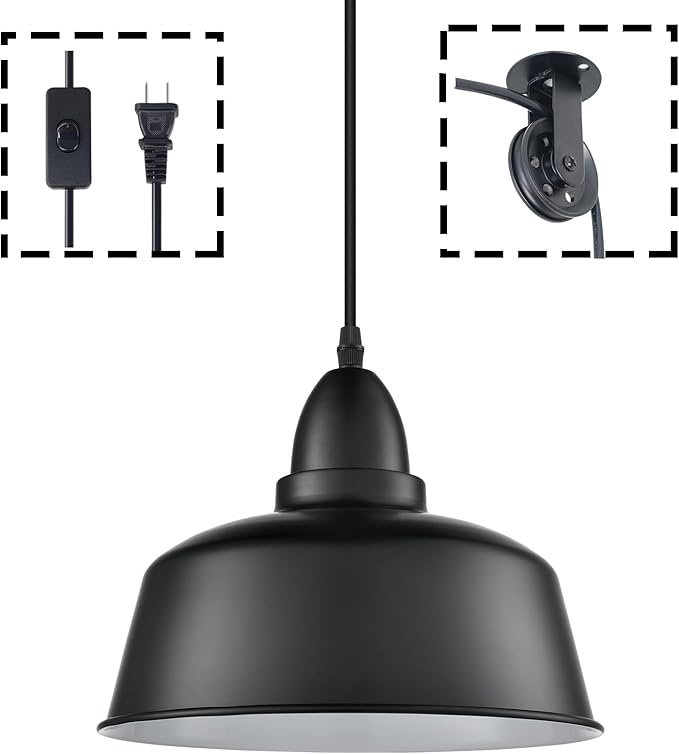 Plug in Pendant Light, Farmhouse Hanging Lights with Plug in Cord, Pulley Hanging Lamp, Black Industrial Pendant Lights Fixture for Kitchen Island, Bedroom, Dining Room, Living Room, Office