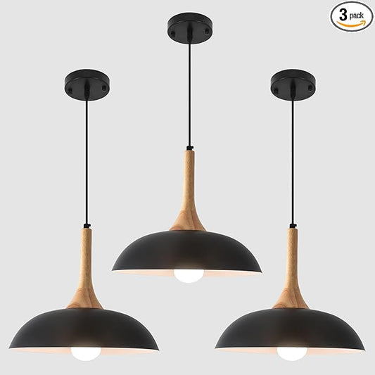 Black and Wood Pendant Lights Kitchen Island, 3 Packs Modern Black Pendant Light, 13.8 inch Wood Pendant Light for Kitchen, Dining Room, Living Room