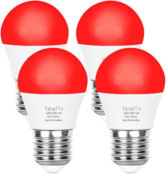 Vgogfly Red Light Bulb for Sleep Dimmable - Mood Setting Blue Light Blocking, A15 3W(25 Watt Equivalent) E26 Base for Nursery, Bedroom & Relaxation, Longevity (4 Pack)