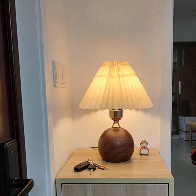 9.4" Wx11.4 H 3Color Temperature Adjustable Modern Table Lamp | Small Lampshade with Warm Light | Mini Lamp for Coffee Table, Bedside & Kitchen | Cute Pleated Fabric Shade, Walnut Brown Bulb Included