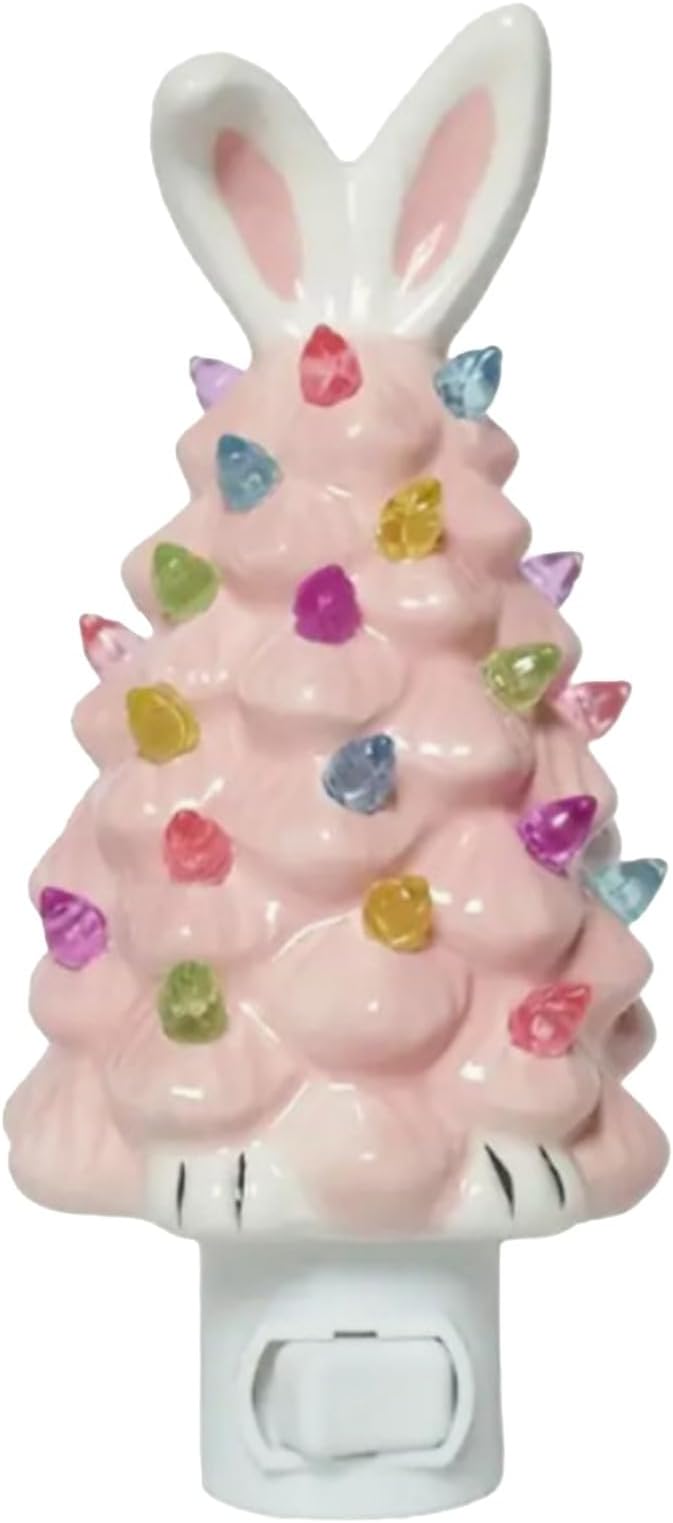 Easter Bunny Tree,Bunny lamp,Glowing Bunny Imitation Ceramic Tree,Resin Bunny Figurine with Colorful Lamp,Light Up Tree with Rabbit Ears,Easter Night Light for Home Decorations (D)
