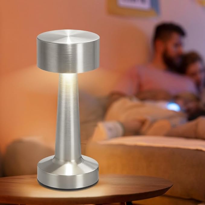 Portable LED Table Lamp, 3-Levels Brightness Metal Desk Lamp,3 Color Touch Control Rechargeable Lamp, Ideal Bedside Lamp for Nightstand,Bedroom, Living Room (Silver)