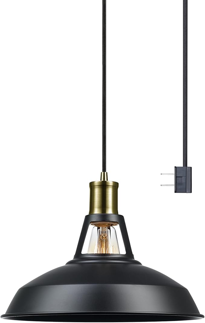 GLOBE Electric 65712 Robin 1-Light Plug-in or Hardwire Pendant, Satin Black, Antique Brass Accents, 15ft Black Woven Fabric Cord, in-Line On/Off Rocker Switch