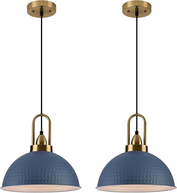 Blue Pendant Lights Kitchen Island Industrial Adjustable Height Vintage Dome Hanging Light Fixtures for Barn, Dining Room 2 Packs